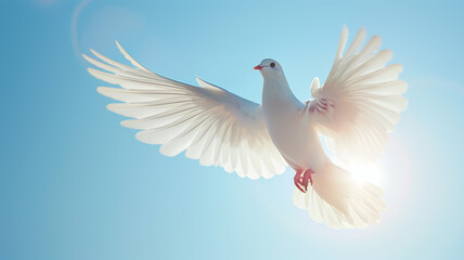 Fototapeta premium Frame a white dove in flight, bathed in the soft glow of sunlight filtering through a clear blue sky, evoking a sense of divine peace. Ai generated
