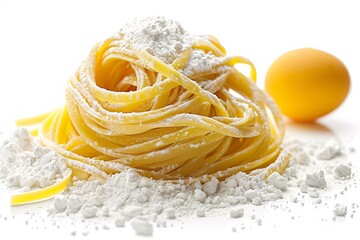 Pile of egg pasta. Delicate golden noodles coated in wheat on a blank canvas.