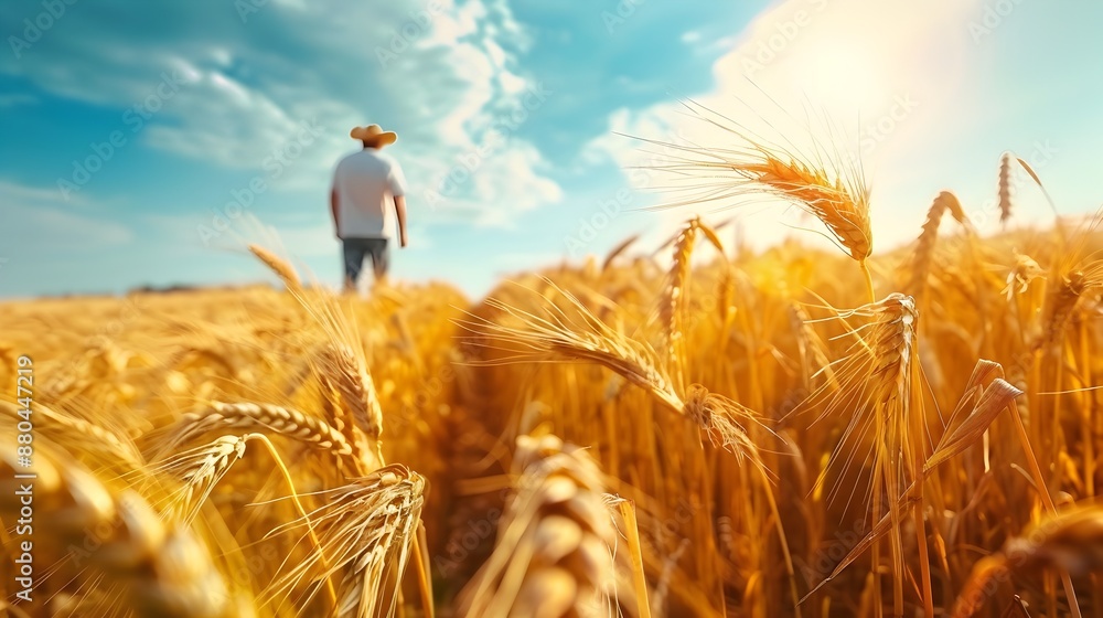 Poster farmer utilizing calculus to optimize crop yields in golden wheat field at sunset
