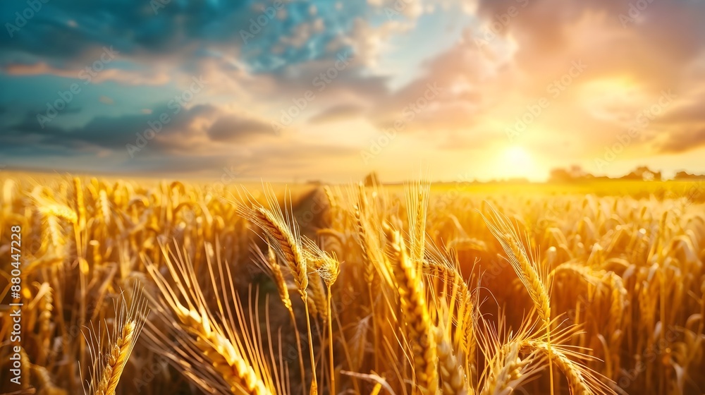 Poster golden wheat field at sunset with calculus-driven crop optimization