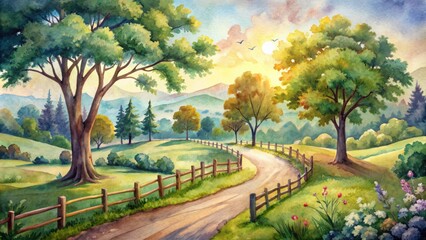 Naklejka premium Whimsical watercolor illustration of a serene natural landscape with winding road, rustic fence, and majestic trees for wedding invitation.