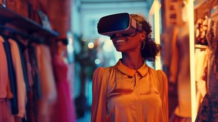 Obraz premium Young Black woman immersed in virtual reality shopping, smiling as she selects fashionable dresses, well-lit room. Ai generated