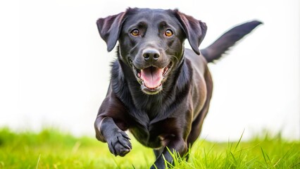 Adorable joyful black labrador dog running playing isolated on transparent background with copy space bright happy puppy expression.