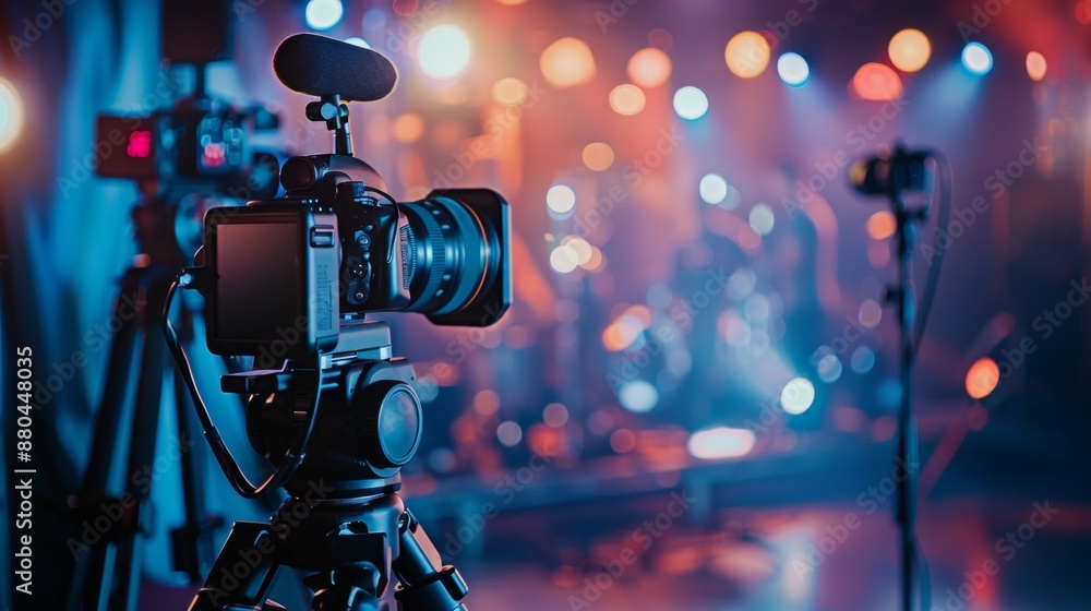 Poster professional camera setup in a studio with colorful lights