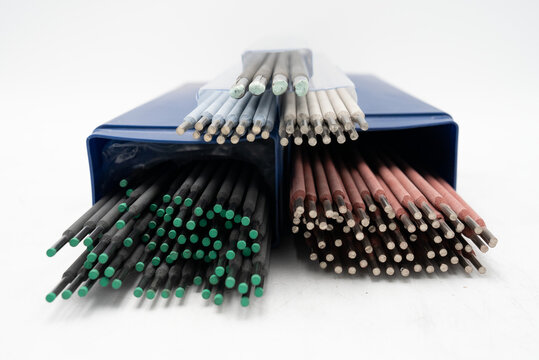 Close-Up of Various Colorful Welding Rods and Electrodes, Industrial Tools for Metalworking, Welding Materials, Steel Rods, Stick Welding, and Metal Fabrication Supplies. 