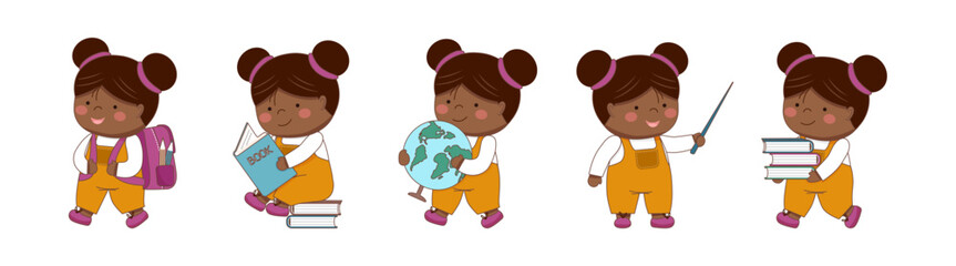 Childrens school collection. Set of black skin schoolgirls with school elements isolated on white. Back to school concept. Children supplies cute.
