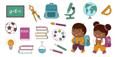 Childrens school collection. Childrens school elements. Back to school concept. Children supplies cute.