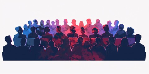 A group of people in various forms watching a performance in a large room.