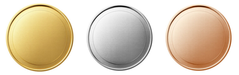 Set of blank golden, silver, bronze awards in minimalist simple design. First, second, third places medals isolated 