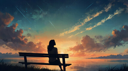 Obraz premium woman sitting and looking at the sky, digital art style, illustration painting ai generated