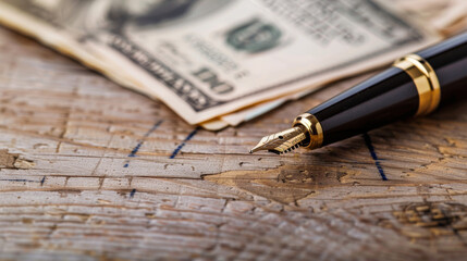 Fototapeta premium Imagine a stylish composition featuring a bank check and an elegant pen, designed with ample space for text or graphics. This setup can be ideal for financial promotions, banking services,