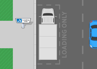 Safe driving tips and traffic regulation rules. Heavy goods vehicle stopped on a designated place for loading. Top view of a british city road. Flat vector illustration template.