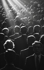 Obraz premium Black and white photo of a crowd of people in an auditorium, with a spotlight shining down on them.