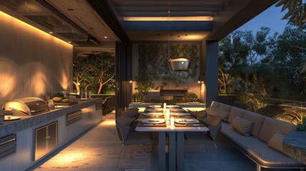 A luxurious outdoor dining area with a long table, comfortable chairs, a built-in barbecue, and ambient lighting, perfect for al fresco meals.