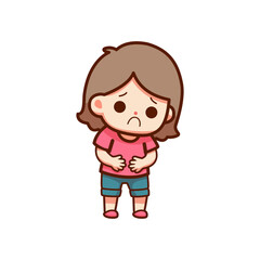 little girl kid feel sick on the stomach cartoon character vector illustration template design