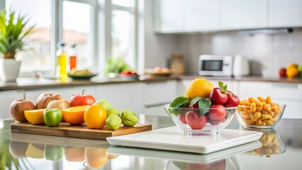 Modern digital weight scale on a white kitchen counter against a clean and minimalist background with fresh fruits.