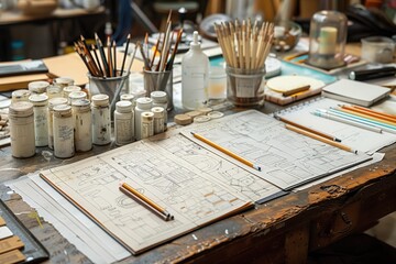 Concept Sketches: A collection of rough sketches and doodles on a large sheet of paper or a digital tablet, representing the early stages of idea generation