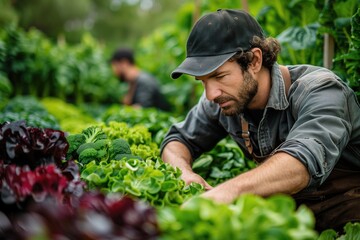 Gardener Harvesting Crops: A gardener harvesting vegetables from a thriving garden, representing the growth of nature and sustainable living.