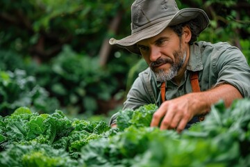 Gardener Harvesting Crops: A gardener harvesting vegetables from a thriving garden, representing the growth of nature and sustainable living.