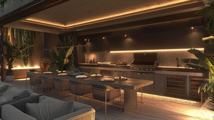 A luxurious outdoor dining area with a long table, comfortable chairs, a built-in barbecue, and ambient lighting, perfect for al fresco meals.