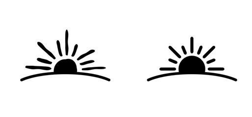Cartoon drawing half sun or sunlight. Shining rays of light. Sunrise suns. Weather tools. Power, Sun rise line pattern. Sunshine sunset. water, sea surface. Downwards or upwards wave.