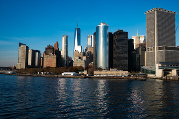 Naklejka premium Panoramic view of New York, United States. New York city skyline in Midtown Manhattan. USA, NYC, NY, Manhattan. American big city. Lower Manhattan skyline. New York from New Jersey.