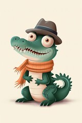 A crocodile with a scarf and a fedora, simple flat line drawing, two-tone colors, pastel cream background.--s 250
