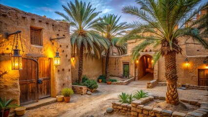 Vast sandy dunes, lush palm trees, and ancient architecture surround a serene desert oasis at sunset in rural Saudi Arabia.