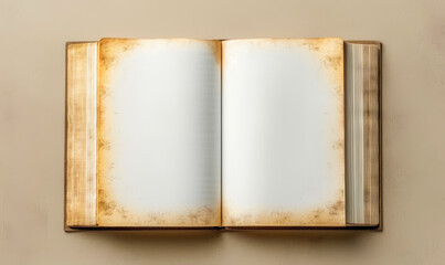 Vintage Open Book with Blank White Pages on Beige Background, Ready for Custom Text or Artwork, Evokes Contemporary and Historical Themes, Ideal for Template or Mockup Design