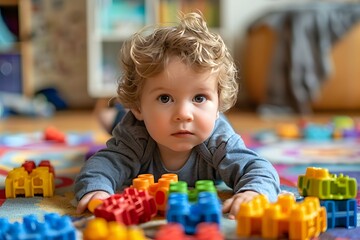 Fototapeta premium Curious Toddler Playing with Colorful Building Blocks