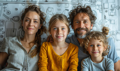 Obraz premium Happy young family of four sitting together on floor near white wall with doodle drawings, dreaming and planning new home interior, smiling, casual clothes, daytime, togetherness and new beginnings