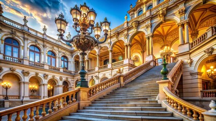 Fototapeta premium Grandiose, ornate, and majestic Baroque-style building with imposing stone fa?ade, intricate sculptures, and golden accents, set against blue sky.