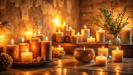 Warm and cozy ambiance of a candlelit room with softly glowing lights casting a subtle warm golden glow on the walls.