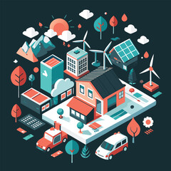 Fototapeta premium Smart city 3d isometric concept in outline design for web. People living in green urban infrastructure isometry rooms with solar and wind energy plants and waste recycling. Vector illustration