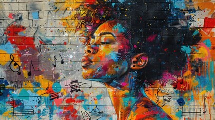 Vibrant Mural of a Woman with Music Notes