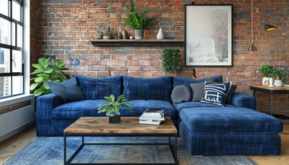 Modern Living Room with Blue Sectional Sofa and Brick Wall