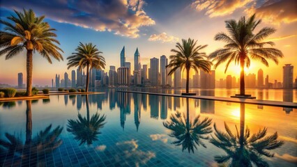 Serene infinity pool overlooking majestic palm tree-lined islands and glittering cityscape with sleek skyscrapers in warm golden light.