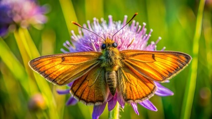 Vibrant large skipper butterfly with orange-brown wings landed on purple devil's-bit scabious flower in lush green meadow surroundings naturally.