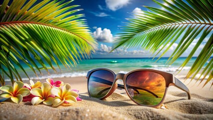 Serene tropical beach scene mirrored in sleek sunglasses lying on sun-kissed sand, surrounded by lush palm leaves and vibrant flowers.