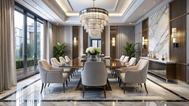 Luxurious formal dining area features crisp white chairs surrounding a sleek marble-topped table amidst a sophisticated, high-ceilinged interior backdrop.