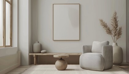 Minimalist Living Room with Wooden Bench and Armchair
