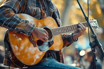 Obraz premium Acoustic Guitarist Performing Outdoors in a Casual Setting