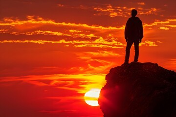 Fototapeta premium Silhouette of a Hiker Overlooking a Fiery Sunset from a Cliff