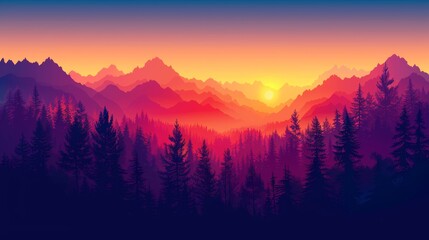 Mountain landscape with coniferous forest at sunset.