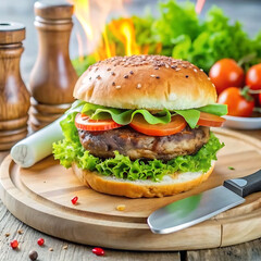 Mouthwatering double cheeseburger with American cheese, burger and hamburger crisp lettuce, ripe tomato, red onion, pickles, and a rustic farmhouse bun.