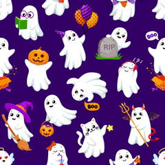 Kawaii Halloween ghost characters seamless pattern. Vector holiday tile background with funny baby spooks wear witch hat, holding balloons, saying boo, clutch pumpkin bucket with sweets and broom