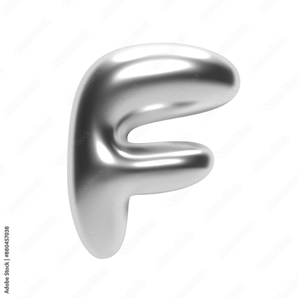 Poster 3d chrome bubble letter f in y2k futuristic style. shiny silver glossy surface with inflated liquid 