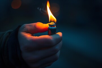 Close-Up of a Hand Holding a Lit Lighter in the Dark