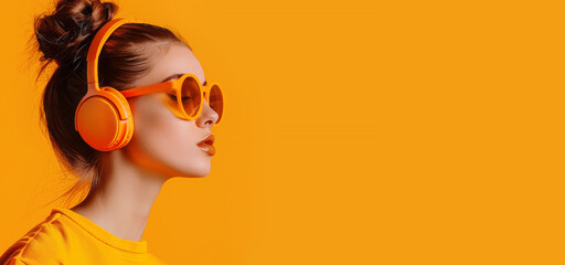 Girl in stylish sunglasses and headphones on a minimalistic orange style. Ideal advertising for accessories and eyewear stores.
