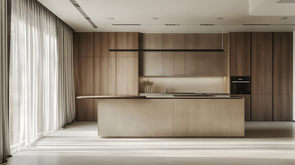 Modern apartment interior minimalistic design, living room and kitchen in monochromatic palette of brown and beige colors